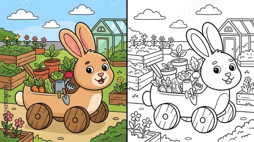 Cute Bunny Gardening in a Wooden Cart with Vegetables and Tools Coloring Page for Kids