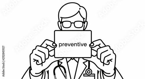 Black and white line art vector illustration of a doctor holding a card with the text 