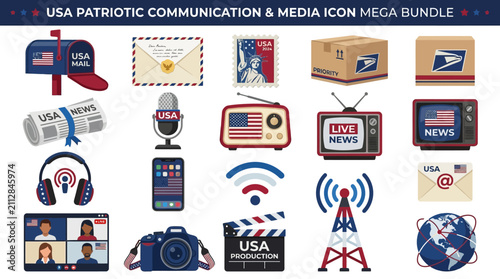 Bundling USA Patriotic Communication and Media Icon Set Illustration on White Background