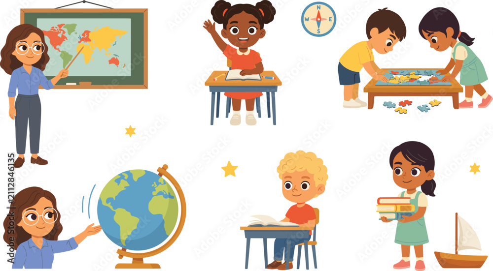 Naklejka premium Primary School Geography Lesson Set Featuring Teacher Pointing to World Map Cute Kids Studying with Globe and Solving Puzzle Vector Illustration