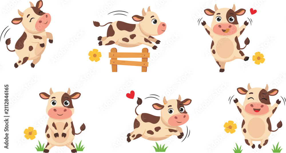 Fototapeta premium Cute Cartoon Baby Cow Character Set Featuring Happy Spotted Calves Jumping Dancing and Playing with Flowers and Wooden Fence Vector Illustration