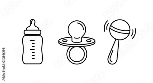 Canvastavla Baby bottle pacifier and rattle line icons on a white background