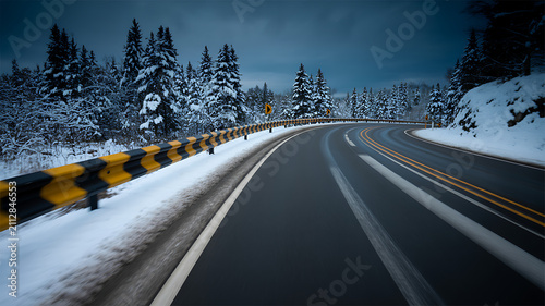 Winding asphalt road through snow covered pine forest at dusk winter road pine trees