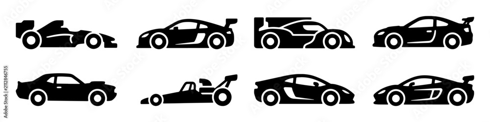 Fototapeta premium Collection of Sports Cars and Race Cars in Silhouette against a White Background Vector Illustration