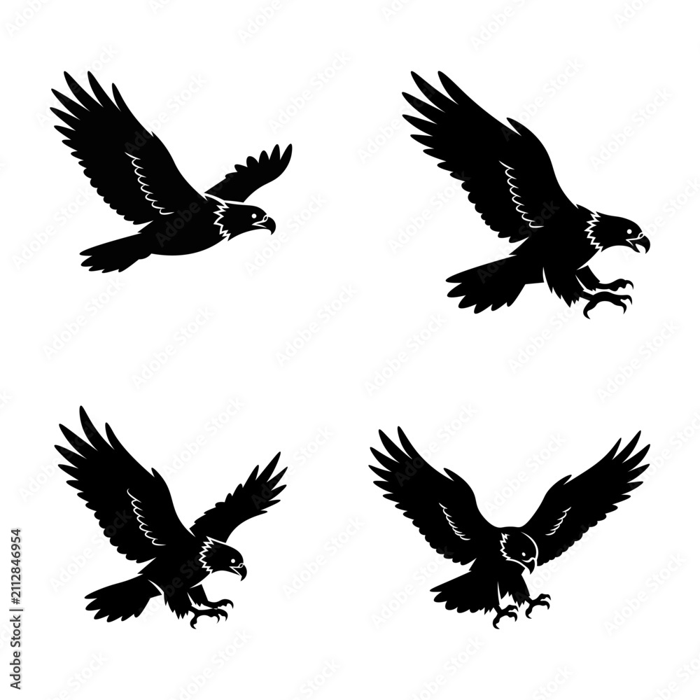 Fototapeta premium Flying Eagle Silhouette Collection with Hunting and Landing Poses Vector Illustration