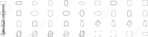 thin line outline frame shape collection in black. rounded rectangle oval pill and arch forms. transparent background abstract border assets. flat minimalist vector illustration style
