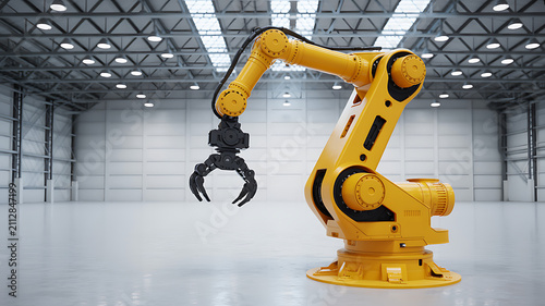 Yellow industrial robotic arm with claw in empty warehouse yellow robot claw automation
