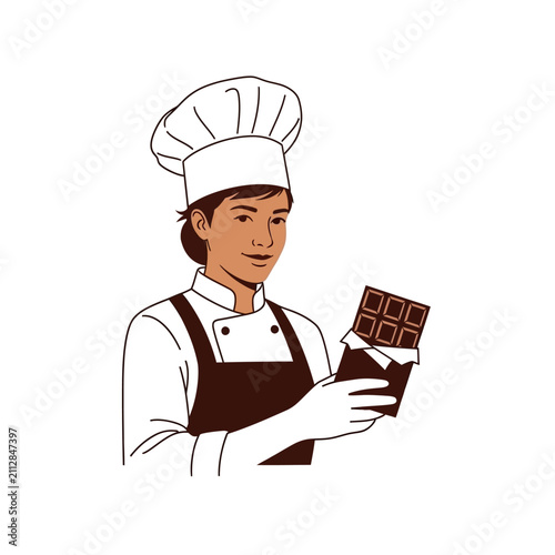 Female chocolatier chef wearing toque holding dark chocolate bar vector illustration on white background