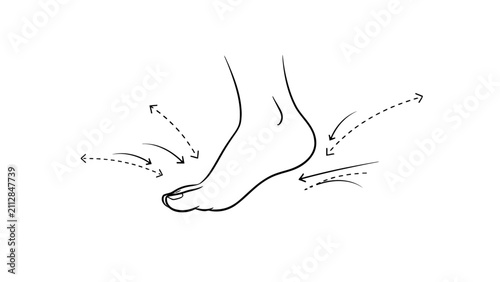Cuadro en lienzo Black and white vector line art illustration of a human foot with airflow and ventilation arrows, concept for foot odor or health care