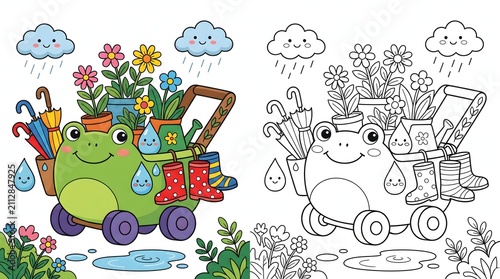 Kawaii frog shaped garden wagon with flowers and rain gear cute coloring page for children featuring weather and nature elements