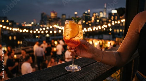 Young woman holding an Aperol Spritz cocktail on a rooftop bar at night with city skyline bokeh lights in the background