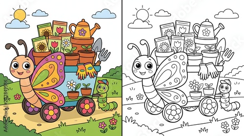 Colorful butterfly pulling a garden wagon with planting tools and a caterpillar; vibrant illustration and fun coloring page for spring activity