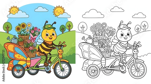 Cute Bee Riding Cargo Tricycle with Flowers Coloring Page and Color Illustration for Kids Activity Book