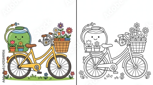 Cute yellow bicycle adorned with colorful spring flowers and a friendly watering can, depicting a joyful gardening scene, ideal for creative projects and coloring pages