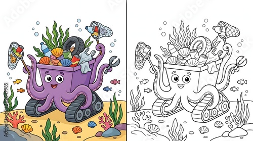 Cute cartoon octopus cleaning ocean garbage, color and black and white coloring page for kids