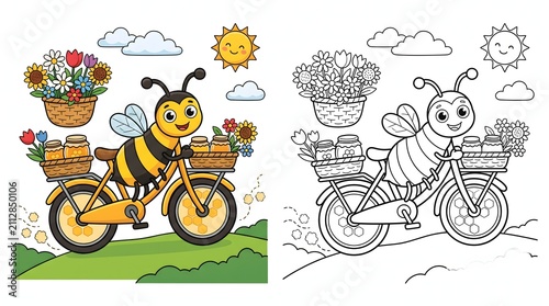 Cute cartoon bee riding a bicycle with baskets of honey and flowers coloring page illustration
