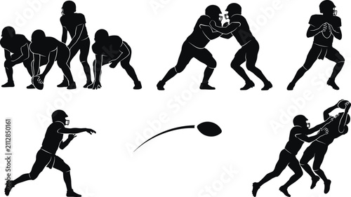 Принти на полотні American Football Player Silhouette Collection Vector Set with Quarterback, Offe