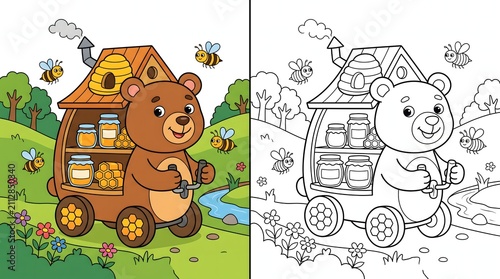 Cartoon bear with honey cart coloring book page and colored illustration