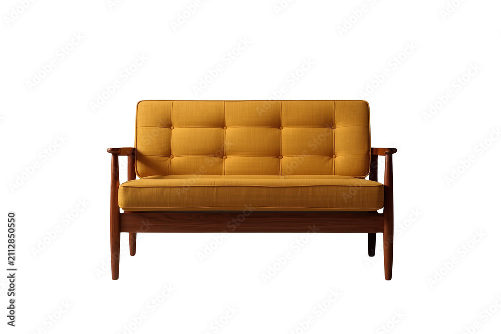 Obraz premium Mustard yellow midcentury sofa with wooden arms