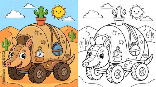 Cute cartoon armadillo desert vehicle with cactus and compass for kids coloring book page illustration