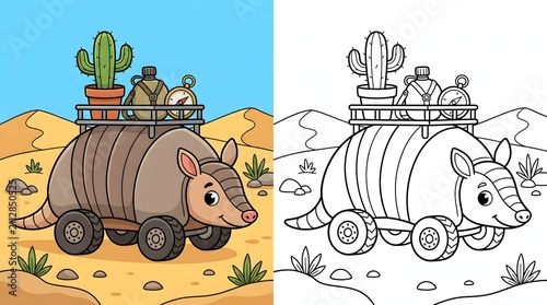 Cute cartoon armadillo animal car traveling through desert with coloring page line art for children activity
