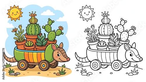 Armadillo Cart Carrying Potted Cacti Coloring Page and Color Illustration for Kids Learning Activities