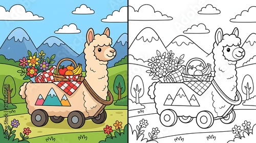 Cute Llama Carrying a Picnic Basket in a Wagon Through Mountains Landscape, Colored and Outline Coloring Page for Kids