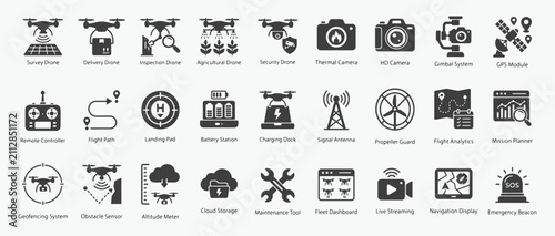 Drone Service Fill Icons Set with Aerial Technology Elements: Including Survey, Mapping, Delivery, Inspection, Agricultural, and Security Drones, Thermal, HD Camera, etc.