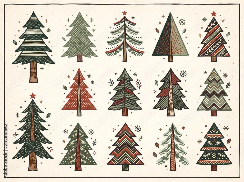 Obraz premium Set of Hand Drawn Vintage Christmas Trees Illustration with Festive Patterns