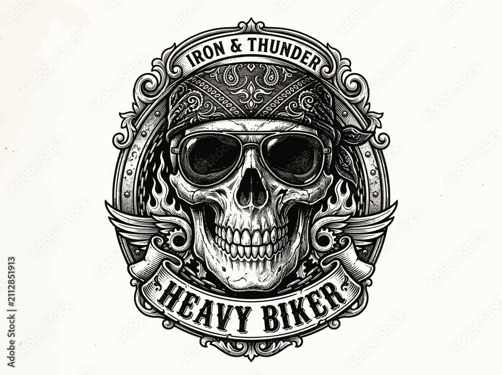 Fototapeta premium Vintage Heavy Biker Skull Emblem in Hand Drawn Engraving Style with Bandana and Sunglasses