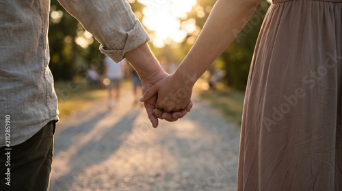 Close up of a young adult couple holding hands affectionately while walking together outdoors in a park at sunset