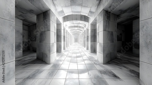 Endless Marble Corridor: A symmetrical and modern marble corridor with an infinite perspective, featuring grand columns and illuminated arches, creating a sense of grandeur and mystery.