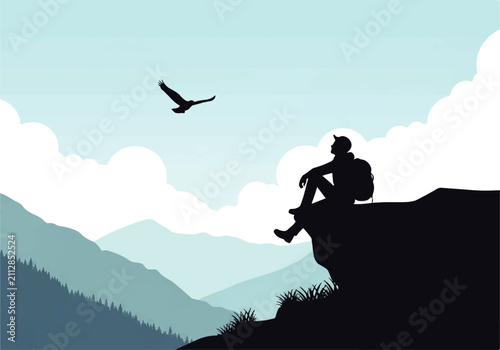 Foto Flat Design silhouette of a lone hiker sitting on a cliff edge overlooking misty