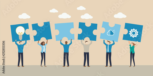 Konstfotografi people holding puzzle pieces vector illustration teamwork collaboration conceptu