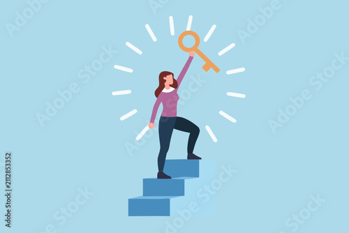 woman climbing stairs holding key flat illustration design corporate memphis success achievement motivation