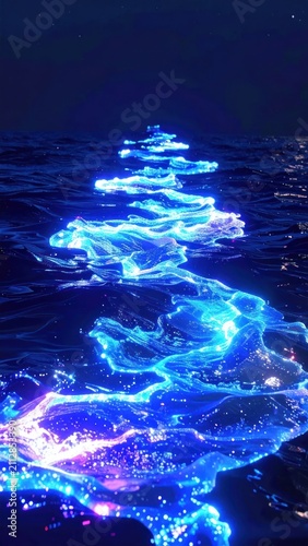 Abstract bioluminescent glowing waves in the dark sea.