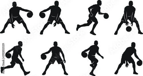 Tableau sur toile Basketball Player Dribbling Silhouette Collection Vector Set with Ball Handling,