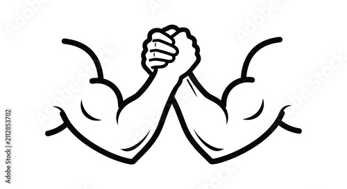 Arm wrestling illustration black and white line art on a white background