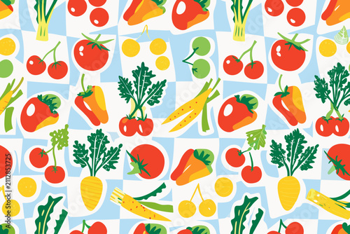 fresh produce checkered pattern vector illustration vegetables fruits tomato carrot pepper cherry graphic