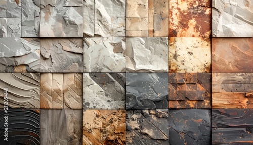 3D textured wall panels in stone wood and concrete.