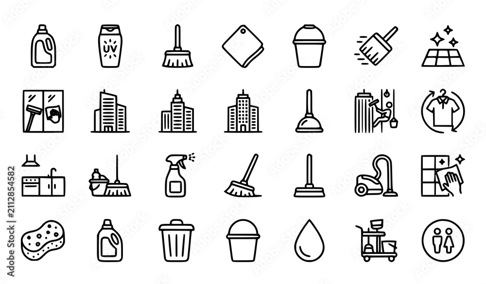 Fototapeta premium Thin Line Cleaning Service Vector Icon Set with Broom Floor Care and Building Maintenance Symbols
