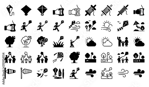 Photography Set of black kite flying icons featuring people families wind weather and outdoo