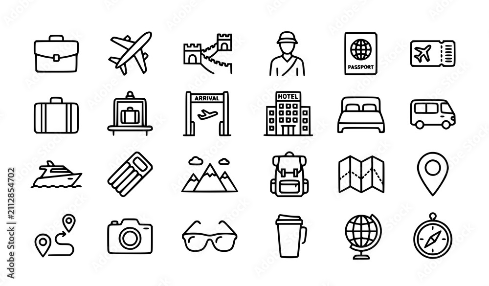 Fototapeta premium Minimal Thin Line Travel Essentials Icon Collection with Plane Hotel Passport and Tourism Symbols