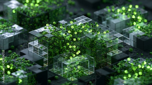 Digital marketplace built from transparent geometric platforms exchanging luminous green carbon tokens, sustainable trading ecosystem concept
