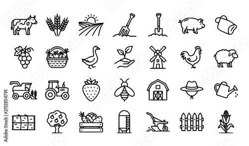 Thin Line Farming Agriculture Vector Icon Set with Cow Tractor Harvest and Farm Elements