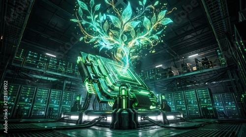 Green digital tree microprocessor server room carbon footprint reduction concept