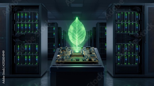 Microprocessor projecting glowing green leaf hologram server room carbon footprint reduction project