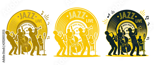Fotografía Live Jazz Band Silhouettes on Vinyl Record Background