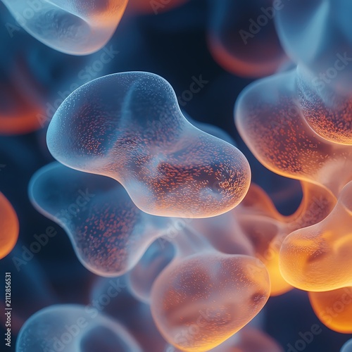 Abstract Cellular Forms: Translucent, amorphous shapes in blue and orange hues, reminiscent of cells or molecules, float in a dark, ethereal space.