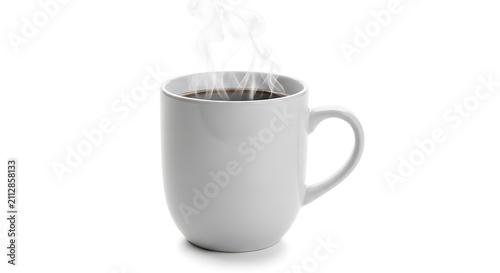 Steaming cup of hot black coffee. White ceramic mug with fresh caffeine beverage isolated.